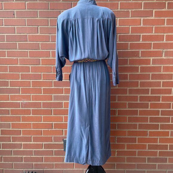 Vintage Shirtdress 80s John Ranta Blue Purple Iridescent Batwing Shirt Dress LG - Picture 9 of 16